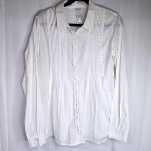 Sundance Pintuck Button Down Blouse Womens Medium White Cotton Boho Ruffle Trim